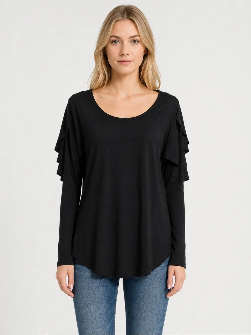 Sympli size 12 Black stretch jersey knit top ruffle sleeves scoop neck
